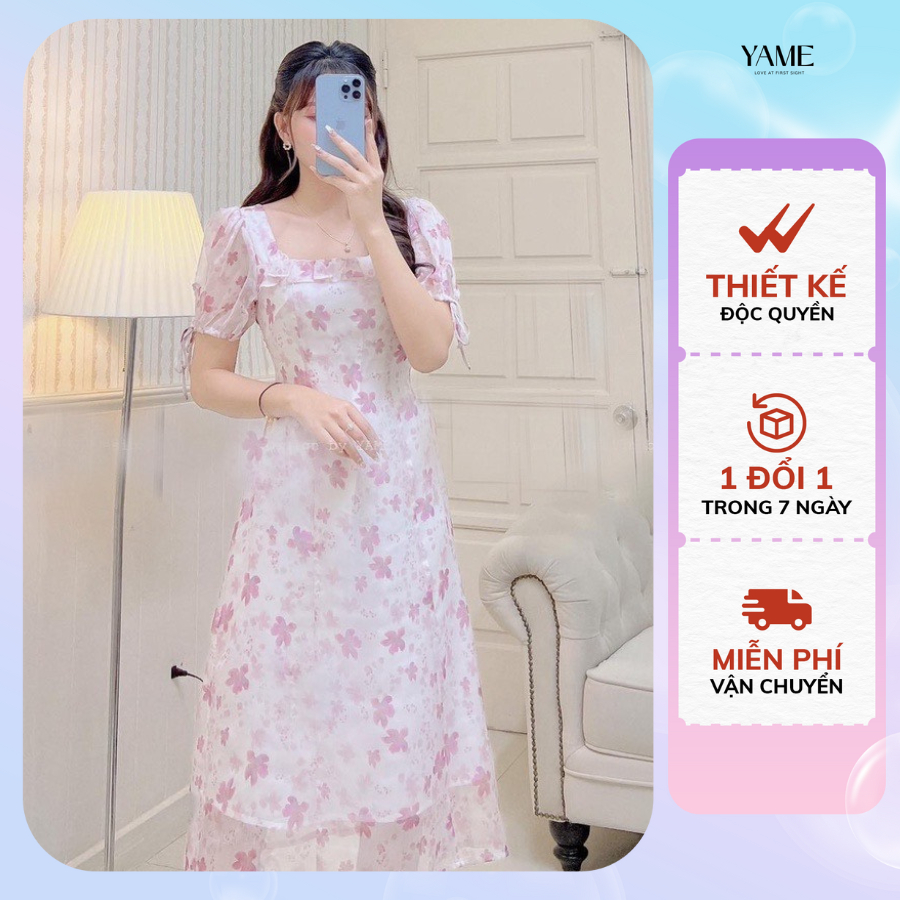 Váy hoa cổ vuông viền bèo tay ngắn thắt nơ YV149 Jimin YAME