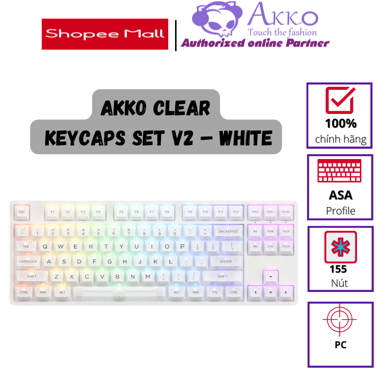 Bộ AKKO Clear Keycaps Set v2 – White (PC / ASA profile / 155 nút)