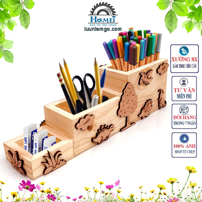 Ống Cắm Bút Đẹp Bằng Gỗ Để Bàn Decord Họa Tiết Sinh Động (HAMET_HB3N) Hộp Đựng Bút Viết, Cọ, Mỹ Phẩm
