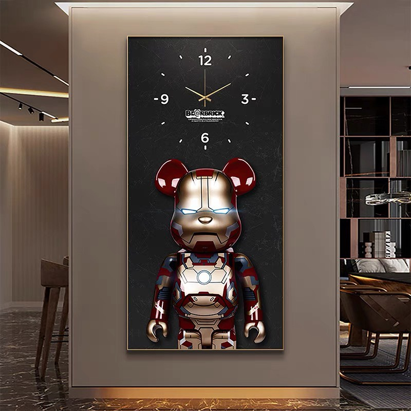 Tranh đồng hồ treo tường Gấu bearbick tráng gương cao cấp trang trí phòng khách, phòng ngủ, làm quà tặng