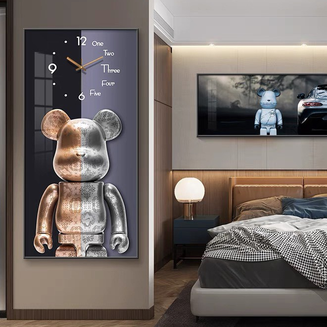 Tranh đồng hồ treo tường Gấu bearbick tráng gương cao cấp trang trí phòng khách, phòng ngủ, làm quà tặng