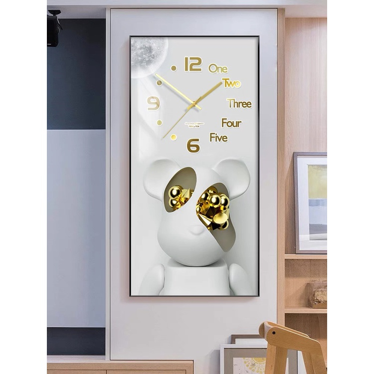 Tranh đồng hồ treo tường Gấu bearbick tráng gương cao cấp trang trí phòng khách, phòng ngủ, làm quà tặng