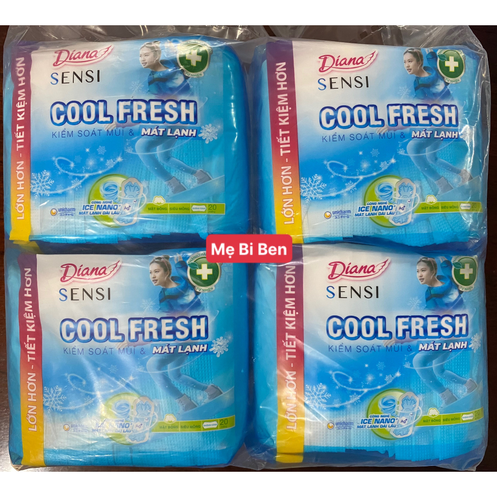 Bộ 4 gói Băng vệ sinh Diana Sensi Cool Fresh siêu mỏng KHÔNG CÁNH 20 miếng/gói