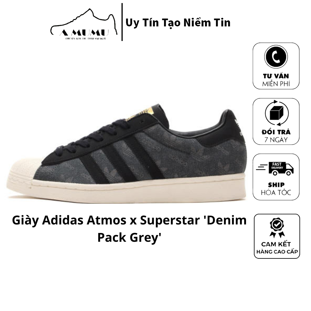 Giày Thể Thao Superstar Denim  Plack Grey x Atmos Giày Adidas Mũi Sò Vải Bò Đen Họa Tiết Chìm 2023