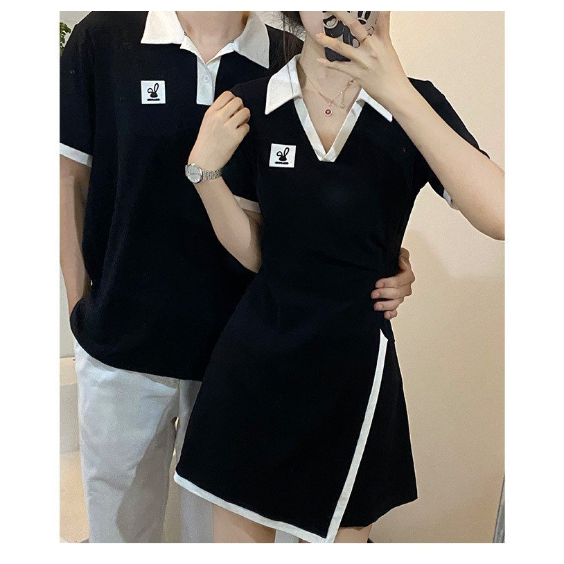 Set đồ đôi couple áo nam váy nữ polo tay ngắn mùa hè màu đen viền trắng vạt chéo cao cấp C106
