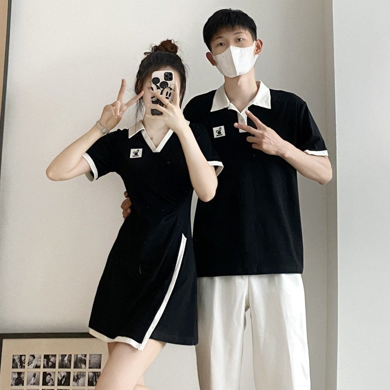 Set đồ đôi couple áo nam váy nữ polo tay ngắn mùa hè màu đen viền trắng vạt chéo cao cấp C106