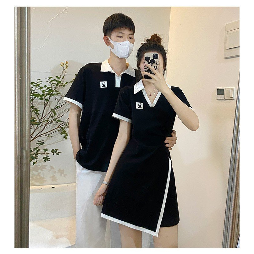 Set đồ đôi couple áo nam váy nữ polo tay ngắn mùa hè màu đen viền trắng vạt chéo cao cấp C106