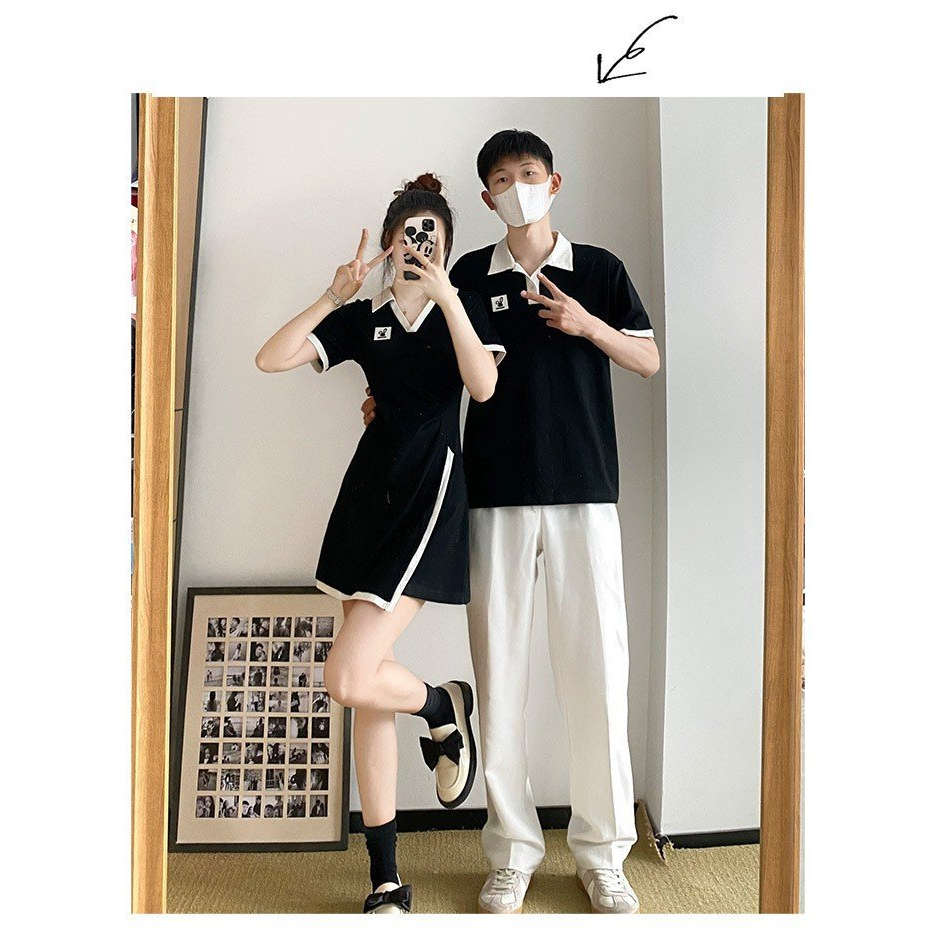 Set đồ đôi couple áo nam váy nữ polo tay ngắn mùa hè màu đen viền trắng vạt chéo cao cấp C106