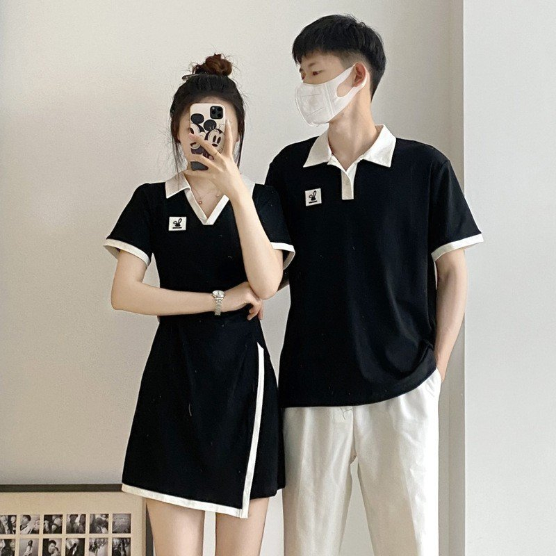 Set đồ đôi couple áo nam váy nữ polo tay ngắn mùa hè màu đen viền trắng vạt chéo cao cấp C106
