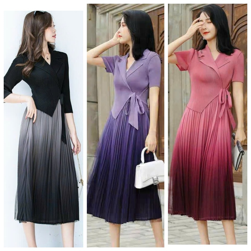 Đầm lụa dập ly phối màu cổ vest thắt nơ eo - Hàng nhập QC cao câp