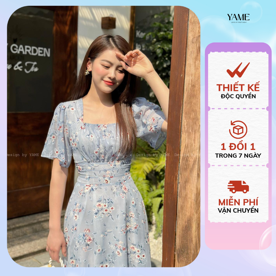 Váy hoa đầm hoa cổ vuông tay lơi xếp li ngực Nancy Dress YAME