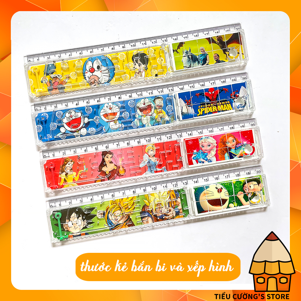 Thước kẻ có gắn sẵn trò bắn bi và xếp hình, loại 20cm và 15cm hoạ tiết hoạt hình
