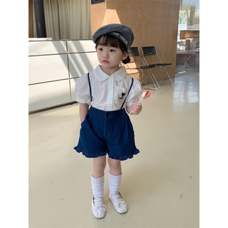 Set áo sơ mi kèm yếm quần short jeans phong cách Hàn Quốc 2023