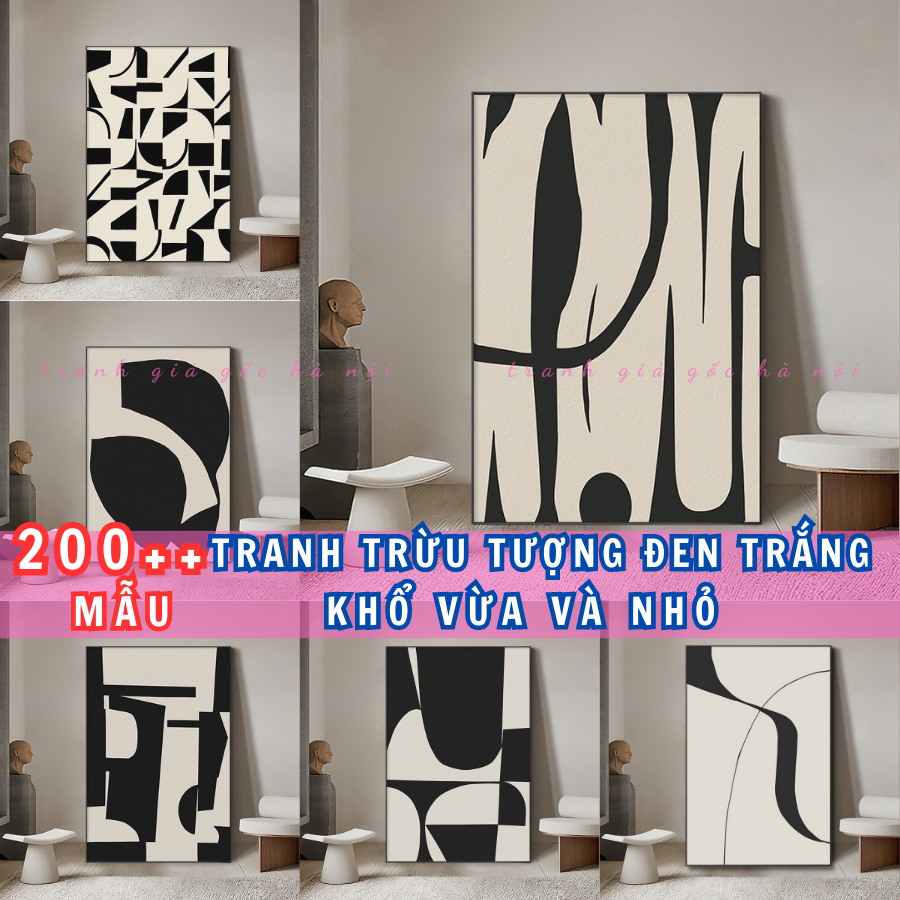 Tranh trừu tượng đen trắng đơn giản trang trí tạo điểm nhấn in canvas đã có khung và đinh treo SIZE NHỎ VÀ VỪA