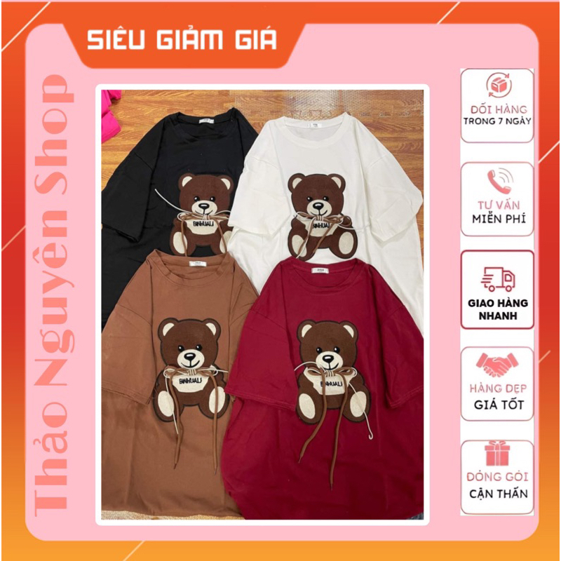 Áo Thun Cotton Khô 3158 - Áo Thun GẤU Nâu Thắt Nơ Hàng Thêu Đáp