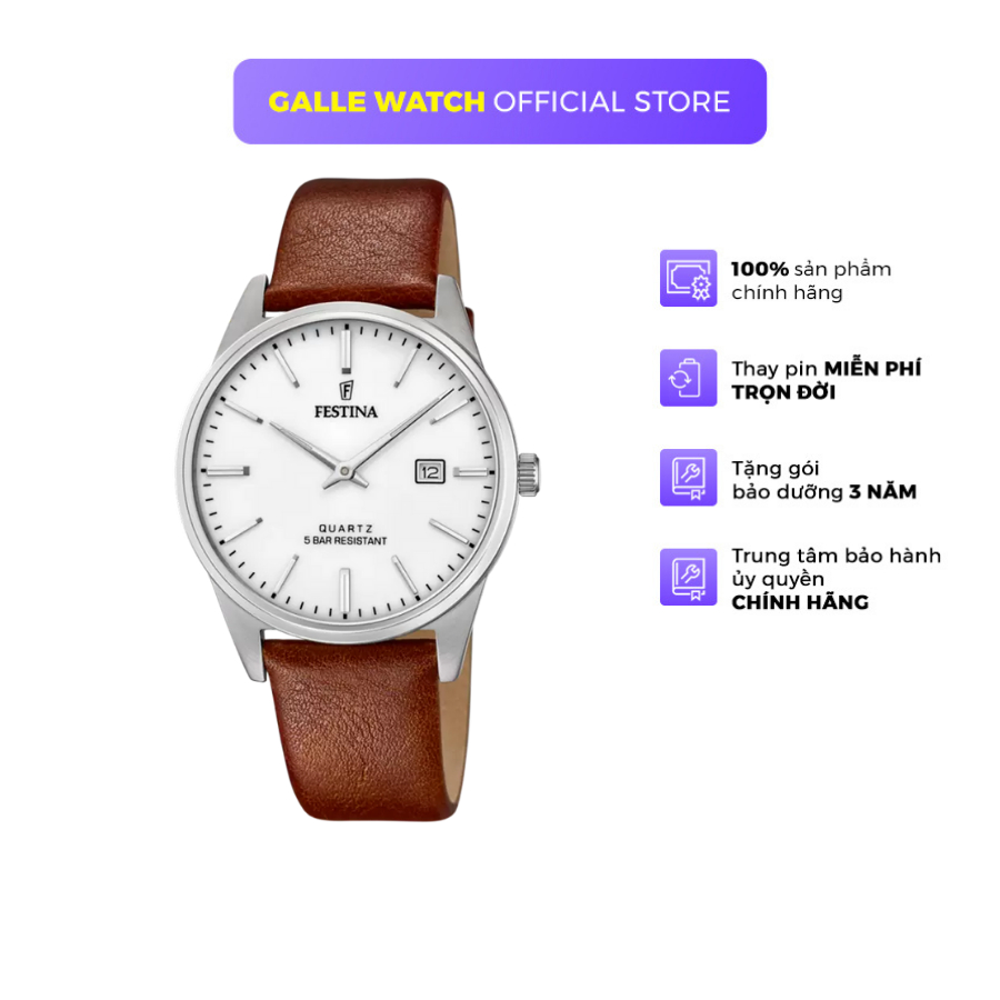 Đồng hồ nam Festina Watch F20512/2 mặt kính Cường lực, máy pin chống nước, dây da đeo tay cao cấp chính hãng Thụy Sĩ
