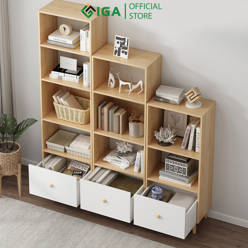Kệ sách 3 4 5 tầng S Style thông minh có hộc để đồ kệ gỗ decor lắp ráp phong cách Nordic- GP144
