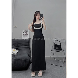 Váy 2 dây nữ chaneo ôm body phối viền ngực đầm body suông nữ dáng dài freesize