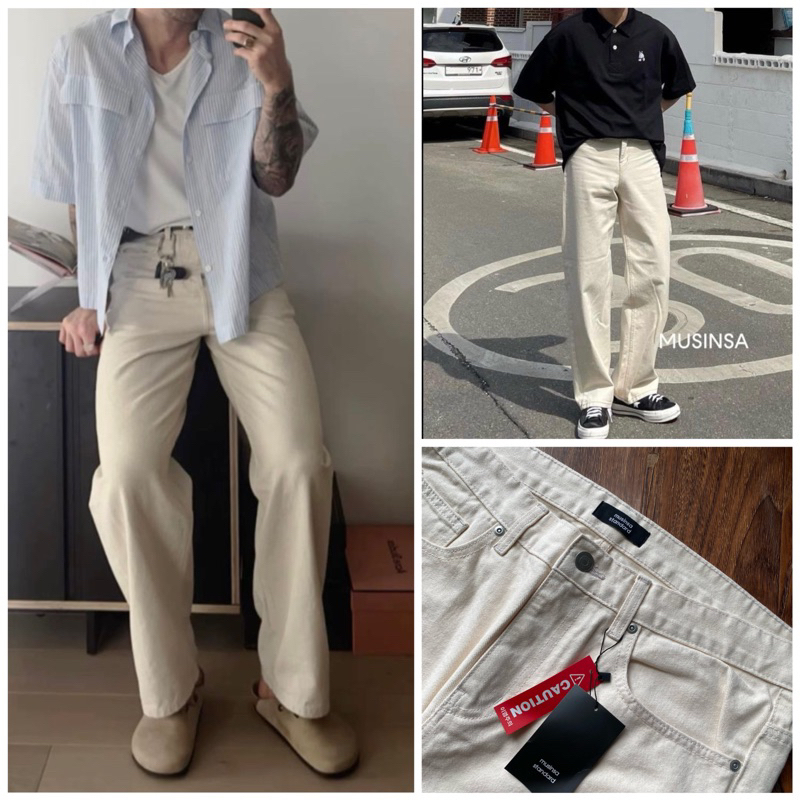 Quần jeans kem form rộng hàn quốc wide fit vải denim chuẩn trend giới trẻ đẹp