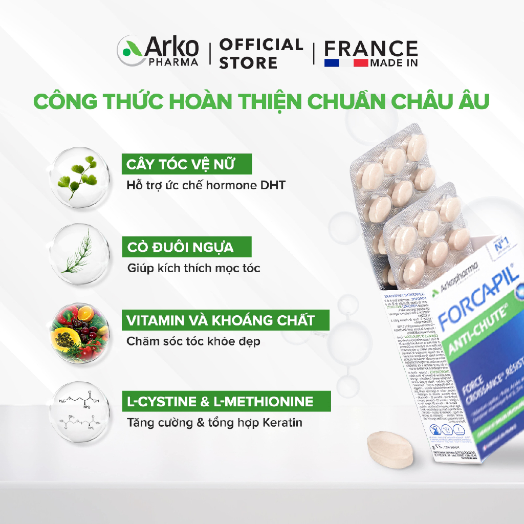 Viên uống giảm rụng tóc, hói đầu Arkopharma Anti-chute 30 viên/hộp