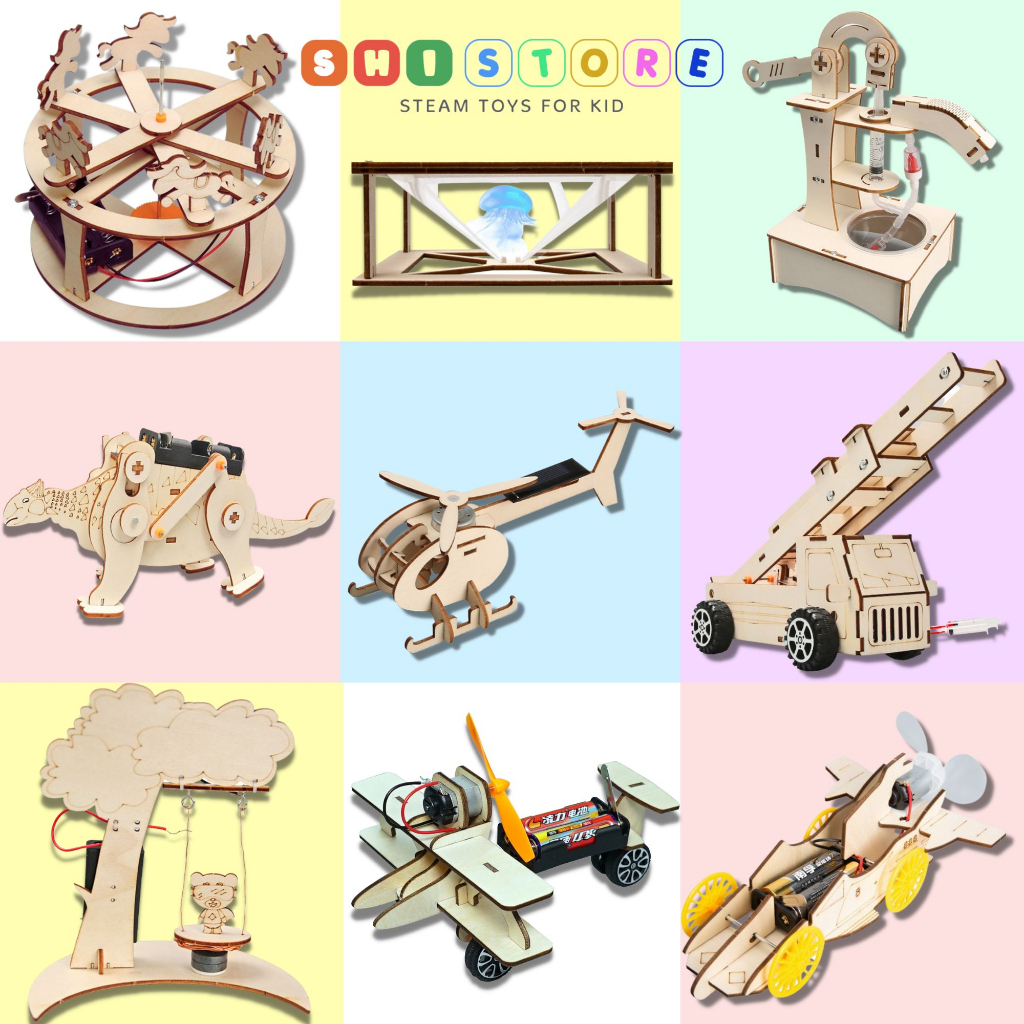 Đồ Chơi STEM - Bộ Lắp Ghép Combo 8 Sản Phẩm Vòng Quay Ngựa Gỗ, Bộ Ghép Kính Xem Phim 3D, Máy Bơm, Khủng Long, Trực Thăng