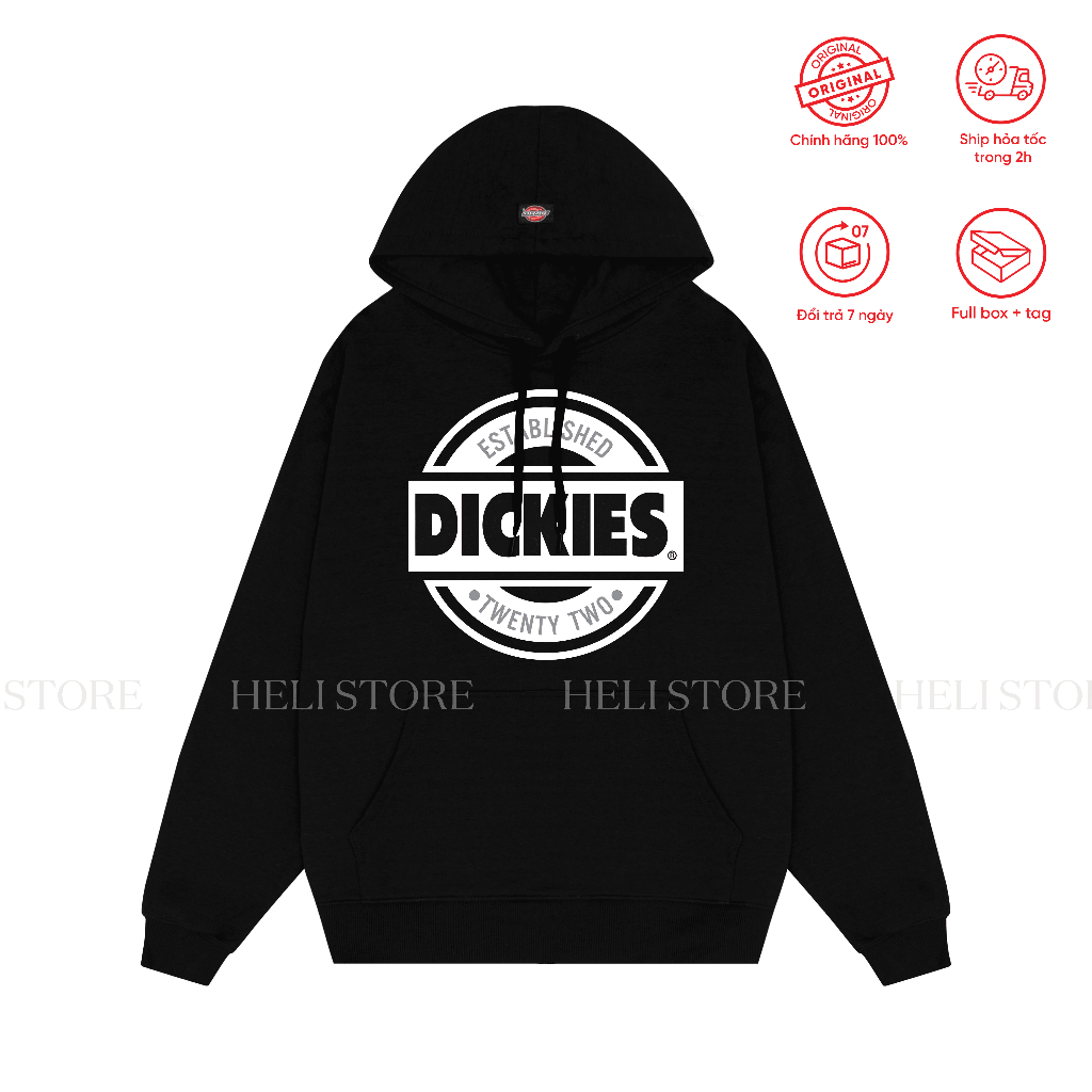 Áo hoodie nỉ đen Dickies nam nữ unisex form rộng basic in Big ngực chính hãng - Helistore