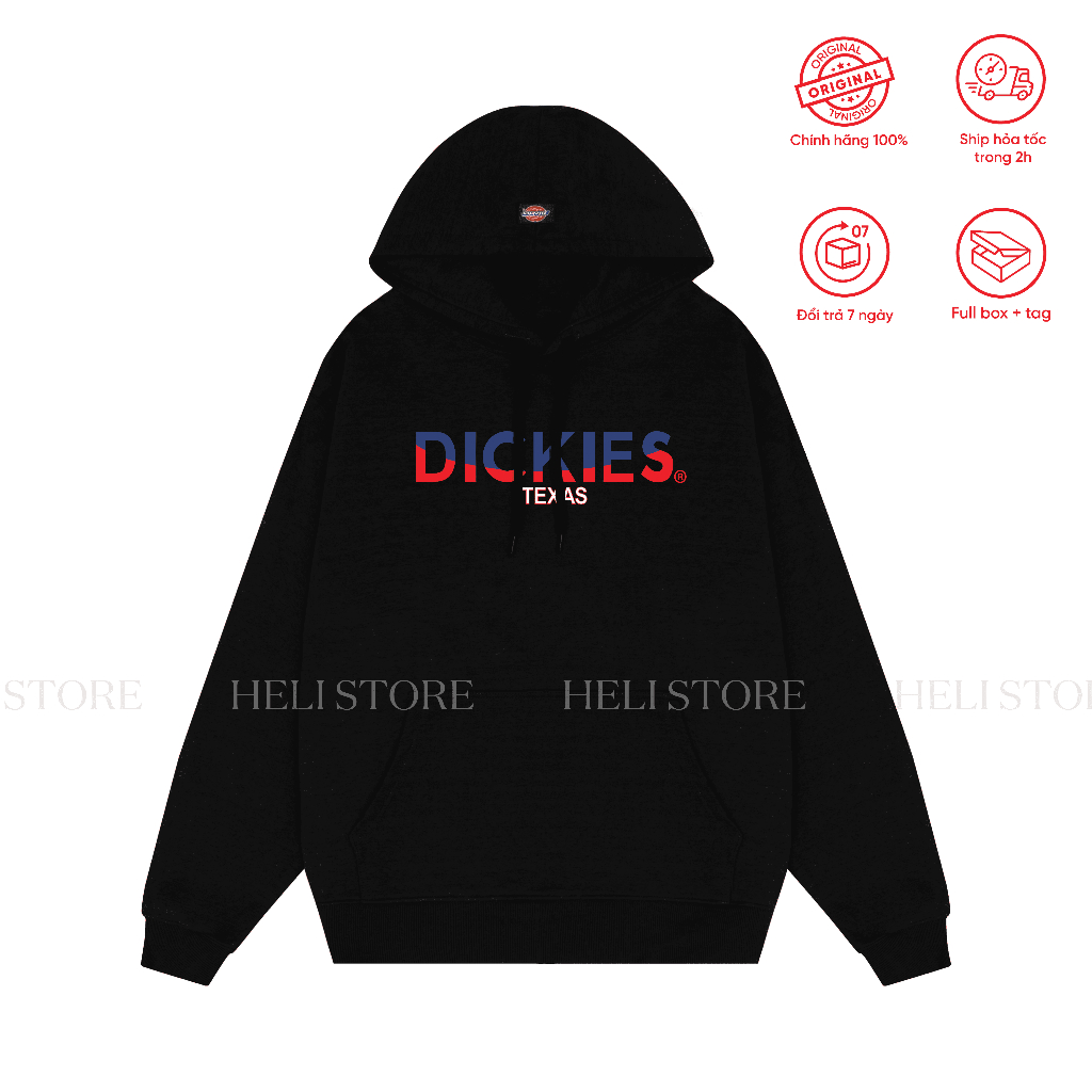 Áo hoodie nỉ đen Dickies nam nữ unisex form rộng basic in ngực chính hãng - Helistore