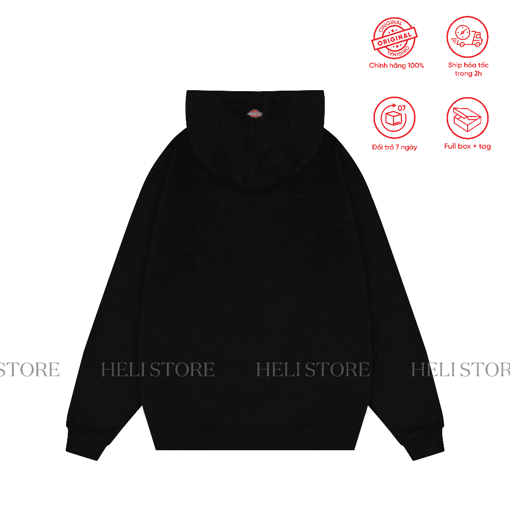 Áo hoodie nỉ đen Dickies nam nữ unisex form rộng basic in ngực Chữ Đen chính hãng - Helistore