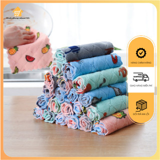 Set 10 Khăn Lau 2 Mặt Họa Tiết Hoa Quả 25x25cm Siêu Thấm Hút Nước