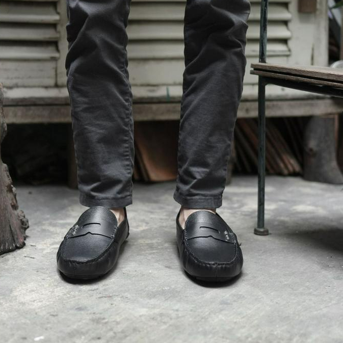 Giày da nam cổ thấp ColeHan màu đen, giày lười mọi nam CALVIN BOAT, giày công sở da bò thật thương hiệu TONKIN