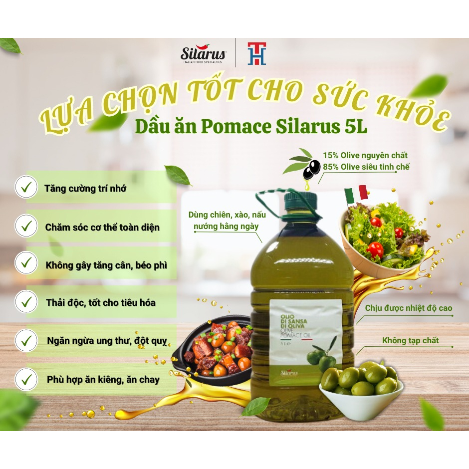 Dầu Oliu Pomace Silarus 5 Lít Chứa 15 % Dầu Oliu Nguyên Chất Italia Chuyên Dùng Cho Nấu Ăn Gia Đình