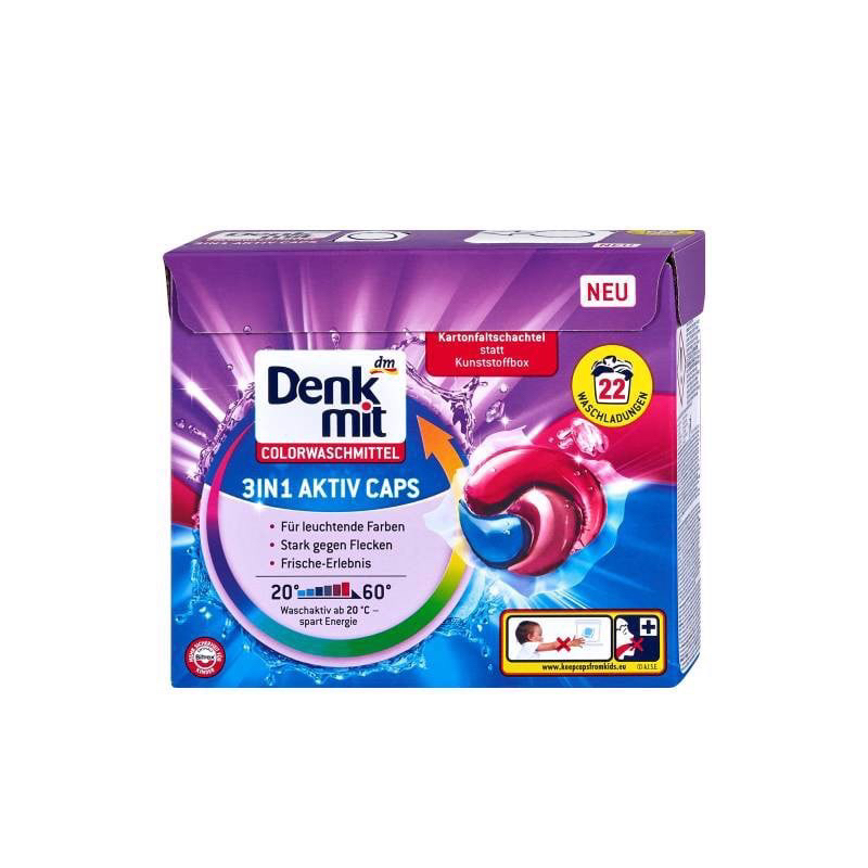 Viên giặt xả  3in1 Denkmit AKTIV CAPS - Hộp 22v, viên giặt tẩy quần áo màu - Hàng nhập khẩu Đức
