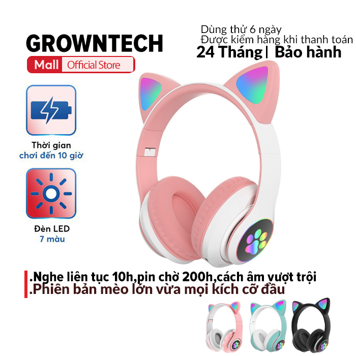 Tai nghe mèo đèn led GrownTech VZV 28M kết nối bluetooth 5.0 có micro đàm thoại bảo hành 24 tháng