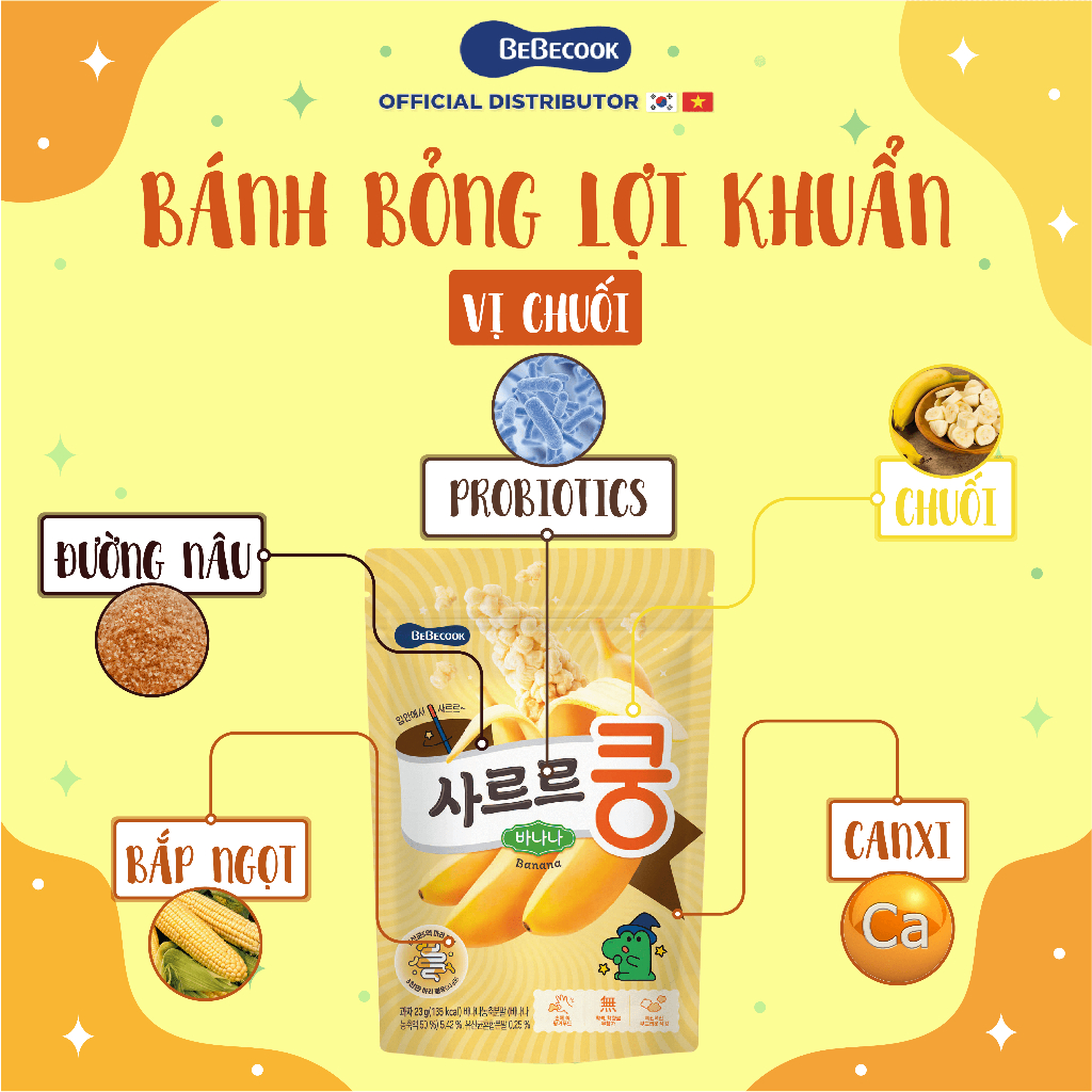 Bánh bỏng lợi khuẩn ăn dặm cho bé BeBecook nhiều hương vị giúp trẻ dễ dàng hấp thụ 23gr/gói