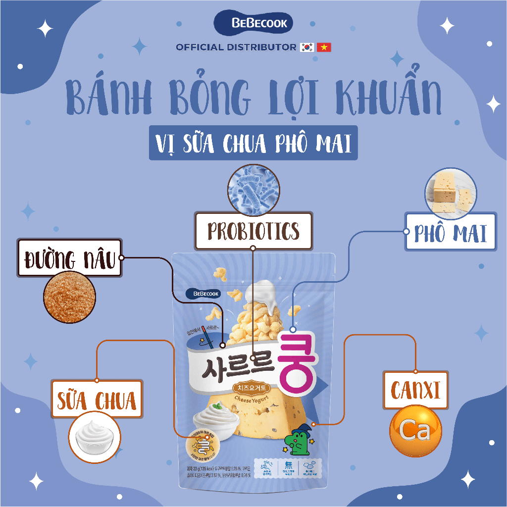 Bánh bỏng lợi khuẩn ăn dặm cho bé BeBecook nhiều hương vị giúp trẻ dễ dàng hấp thụ 23gr/gói