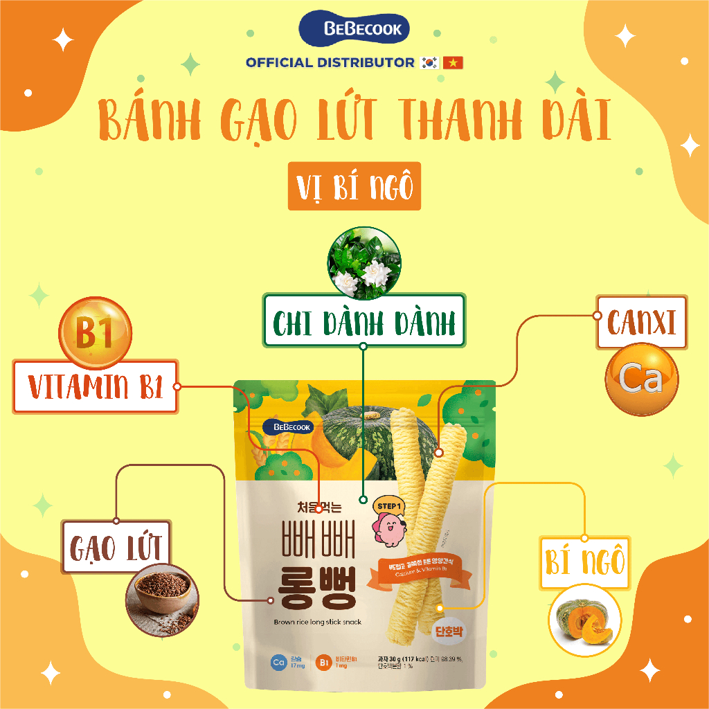 Bánh gạo lứt ăn dặm cho bé BeBecook thanh dài vừa vặn tay trẻ khi cầm gói 30gr