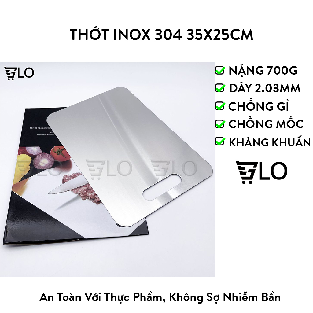 Thớt Inox 304 35x25cm, Không Gỉ Sét, Bám Bẩn, Không Xước Dăm Ra Mủn, Ẩm Mốc, Kháng Khuẩn 100%