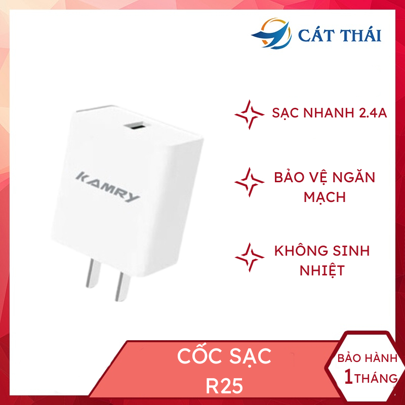 Củ sạc nhanh 2.4A R25 Cát Thái, chịu nhiệt cao an toàn khi sử dụng, điện áp rộng 100-240V sử dụng quốc tế [ CHÍNH HÃNG ]