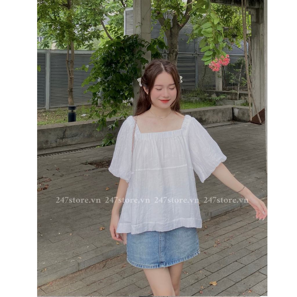 (Ảnh thật) Áo tơ nhăn cổ vuông tay bồng - 247store.vn - AoE002/P6k8