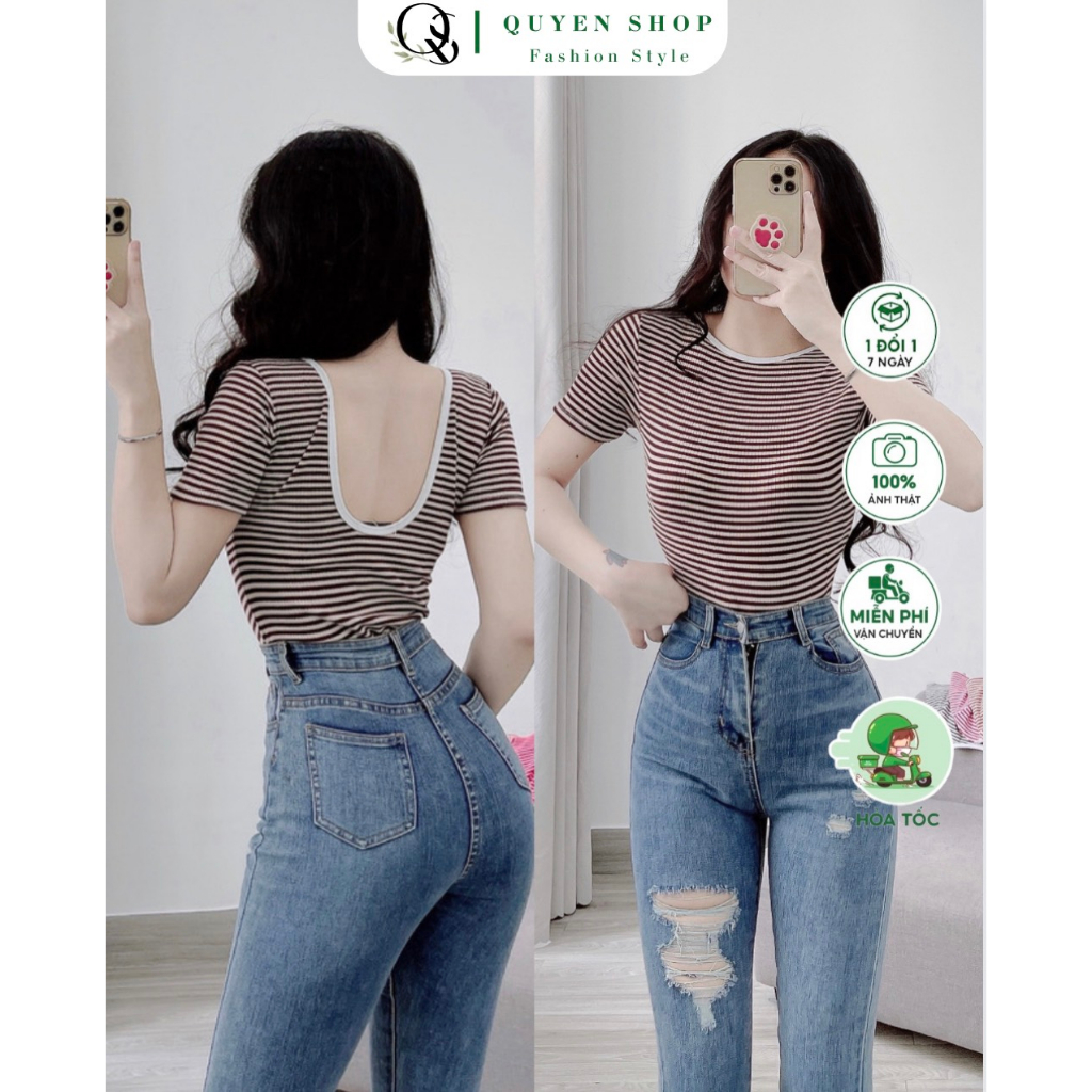 Áo Thun Sọc Hở Lưng Chữ U Dáng Dài Thời Trang QS QUYEN SHOP