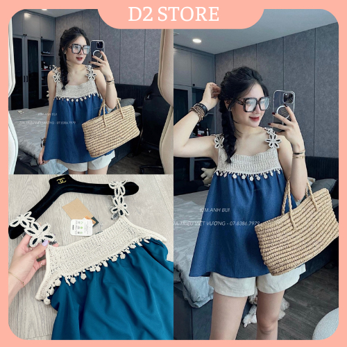 Set Đồ Nữ Áo Hai Dây Ren Hoa Dệt Thổ Cẩm Phối Xanh Mix Quần Sooc Trắng Ngắn Freesize