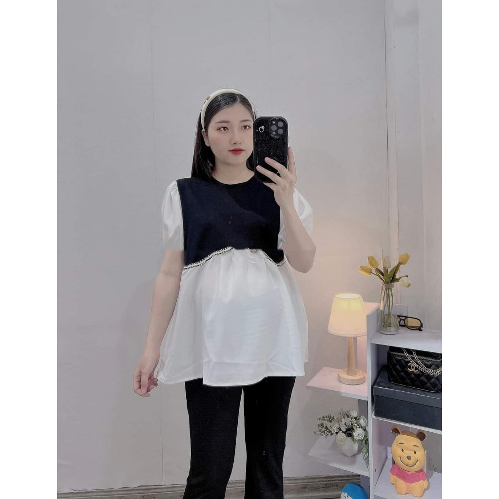 Áo Bầu Thời Trang Công Sở Dáng Baby Doll Chất Cotton Phối Sơ Mi Tay Bồng