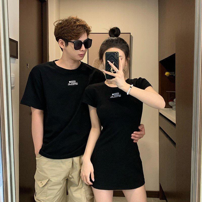 Đồ đôi nam nữ couple set áo váy cặp body màu đen thêu chữ hàng Quảng Châu cao cấp C105