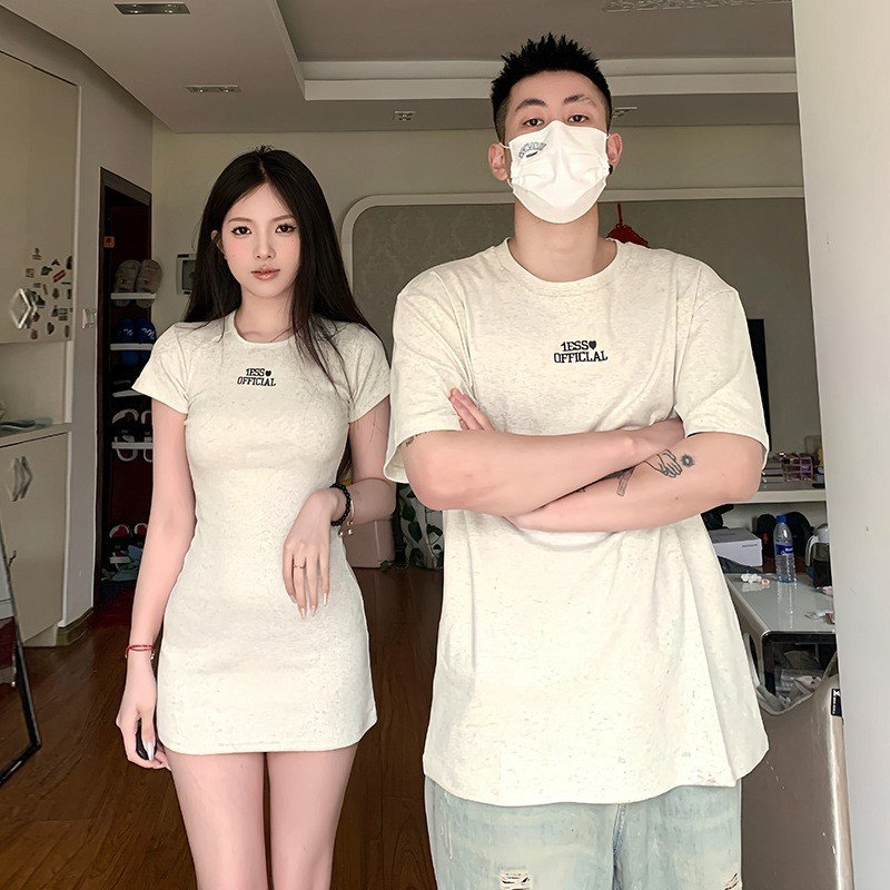 Set đồ đôi couple áo nam váy nữ body mùa hè màu tiêu thêu chữ cao cấp chất vải đẹp C105