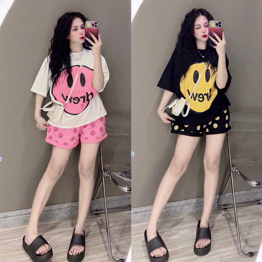 Set đồ nữ đi chơi mùa hè sang chảnh cá tính Drew, đồ bộ nữ đồ mặc nhà , bộ cộc tay nữ , áo phông nữ form rộng.