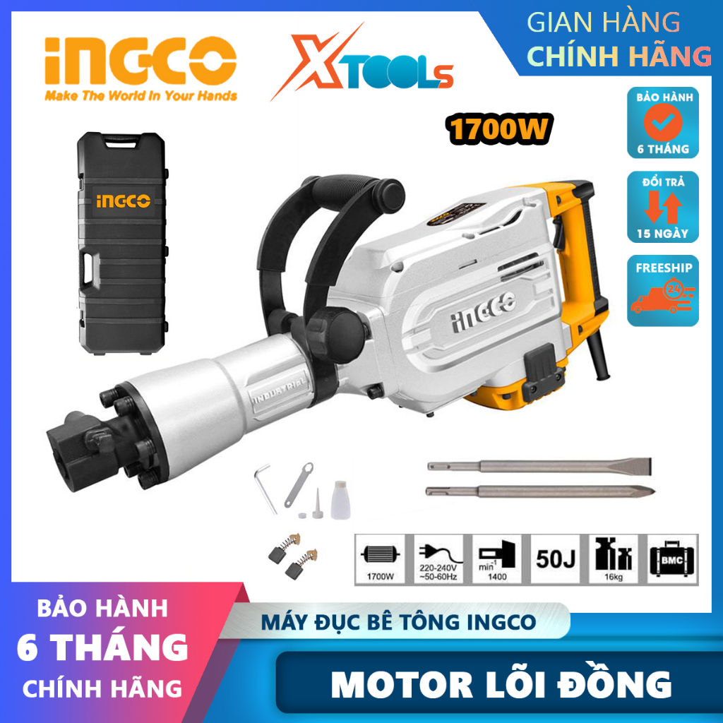 Máy đục bê tông INGCO PDB17008 | Máy khoan đục 1700W, Tốc độ đập 1400 lần/phút, Lực đập 50J, Đầu cặp SDS Hex, khoan đục