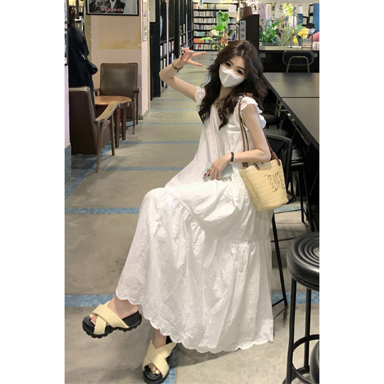 Váy Baby Doll Trắng Dài Cánh Tiên Hàn Quốc  Hoa Dày Dặn