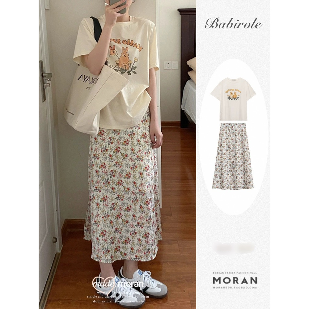 (ORDER) Set MORAN chân váy hoa nhí suông dài + Áo thun cộc tay form rộng style vintage Hàn Quốc