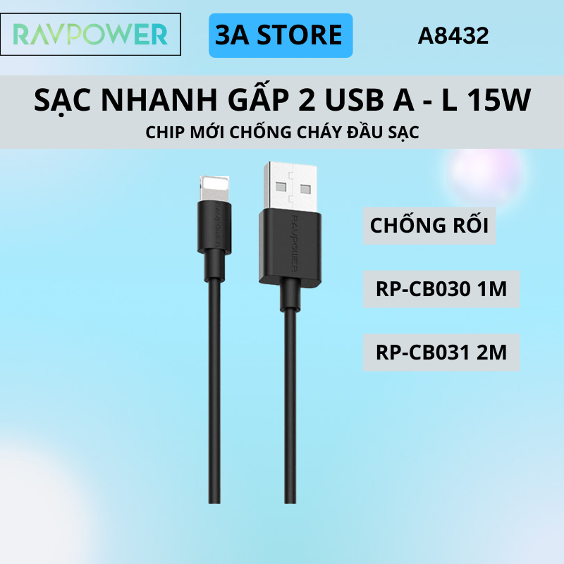 Dây cáp sạc nhanh ip RAVPower Usb to Lighting Chip C89 Bạc cho sạc pin dự phòng điện thoại tai nghe bluetooth