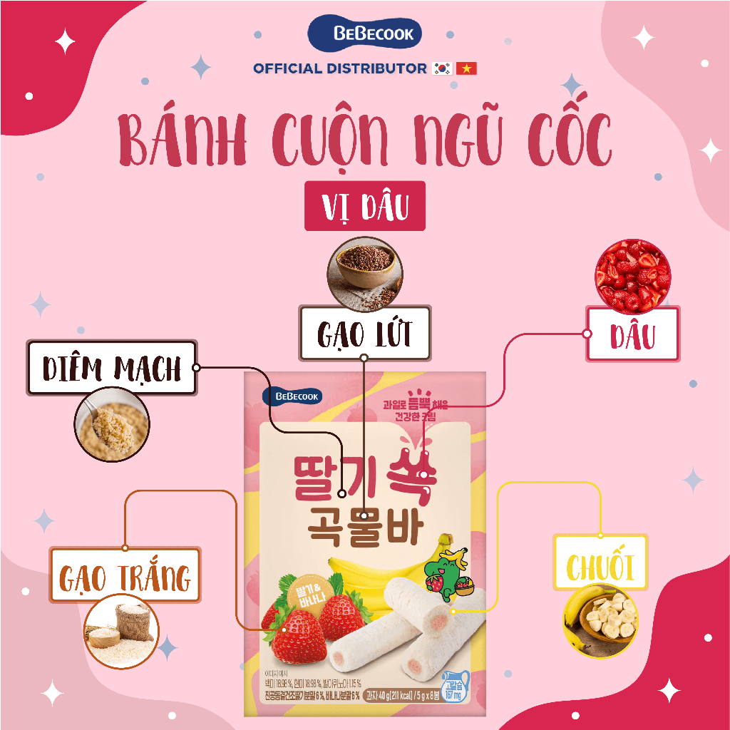 Bánh ngũ cốc ăn dặm cho bé BeBecook dạng thanh cuộn vị trái cây hữu cơ 40gr/gói
